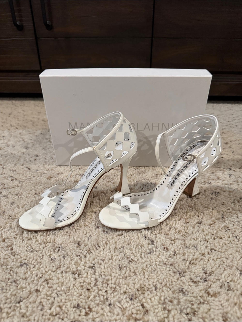Manolo Blahnik White Cutout Leather Mid-Heels with Ankle Strap